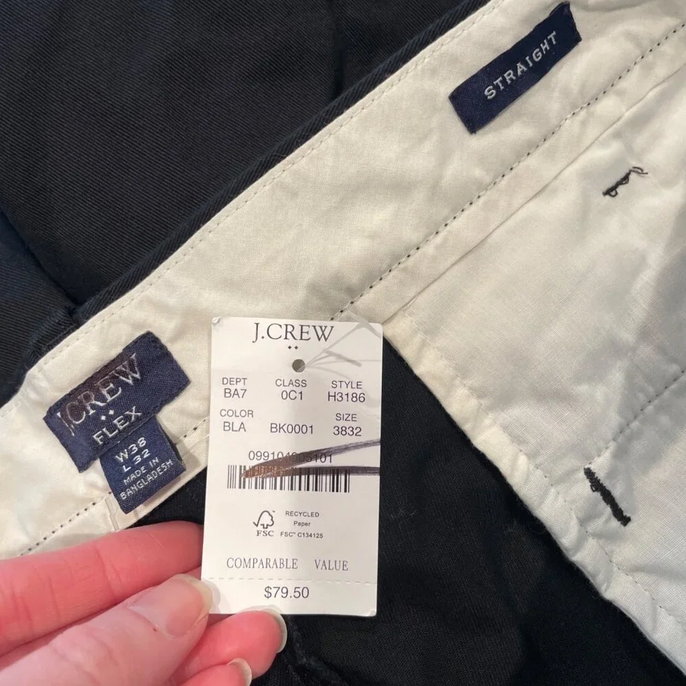 NWT J.Crew Factory 38x32 Straight Fit Flex Chino Pants Black Workwear Office